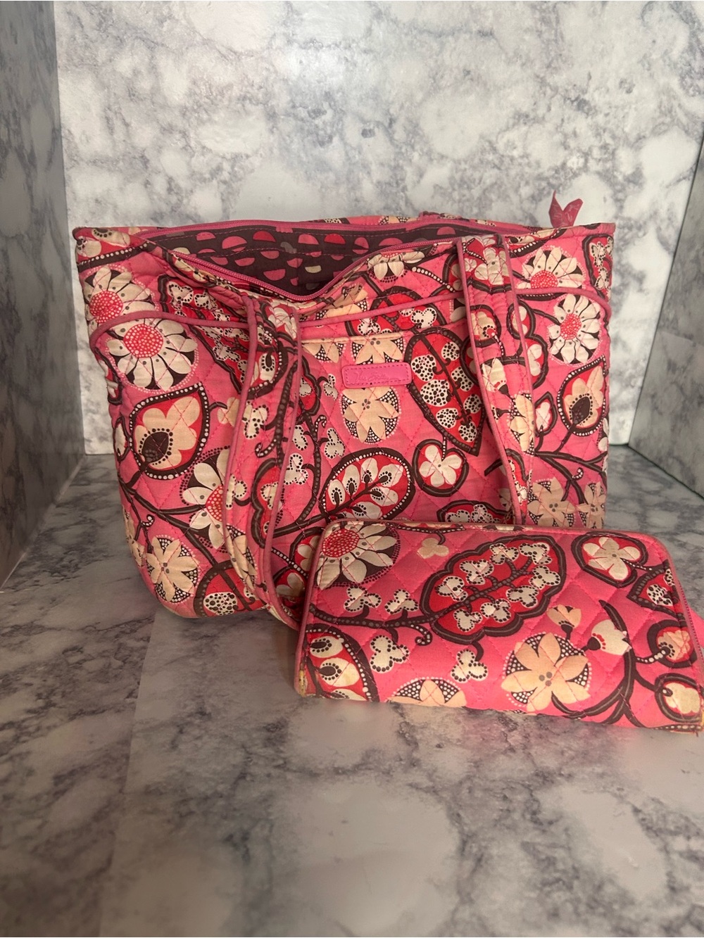 Vera Bradley Pink Floral Quilted Tote and Wallet